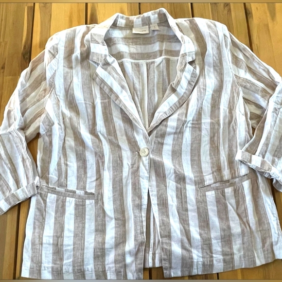Chicos Womens Linen Striped Women's Button Blazer - White and Tan Size 3 XL - Picture 1 of 4